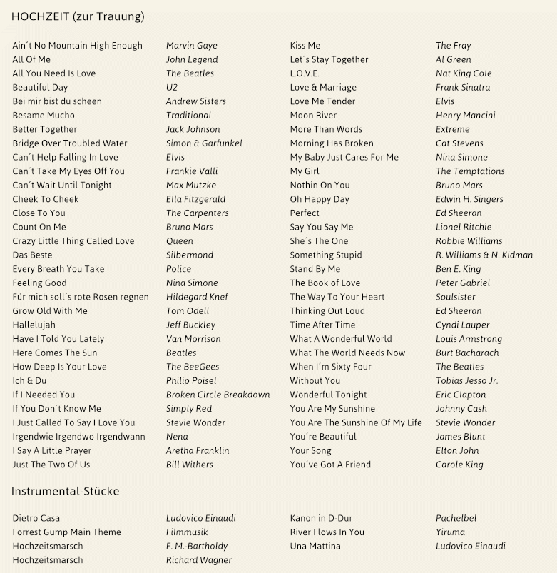 Repertoireauszug Hochzeit und Trauung, Er&ouml;ffnungstanz, langsamer Walzer, Duette